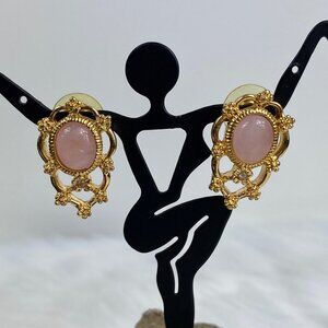 VINTAGE AVON Pink Rose Quartz Cab & Rhinestone Pierced Earrings Gold Tone